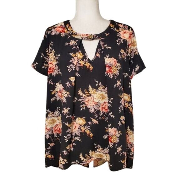 Ces Femme Tunic Womens Size Large Floral Print High Low Hem Short Sleeve Blouse - Picture 1 of 7